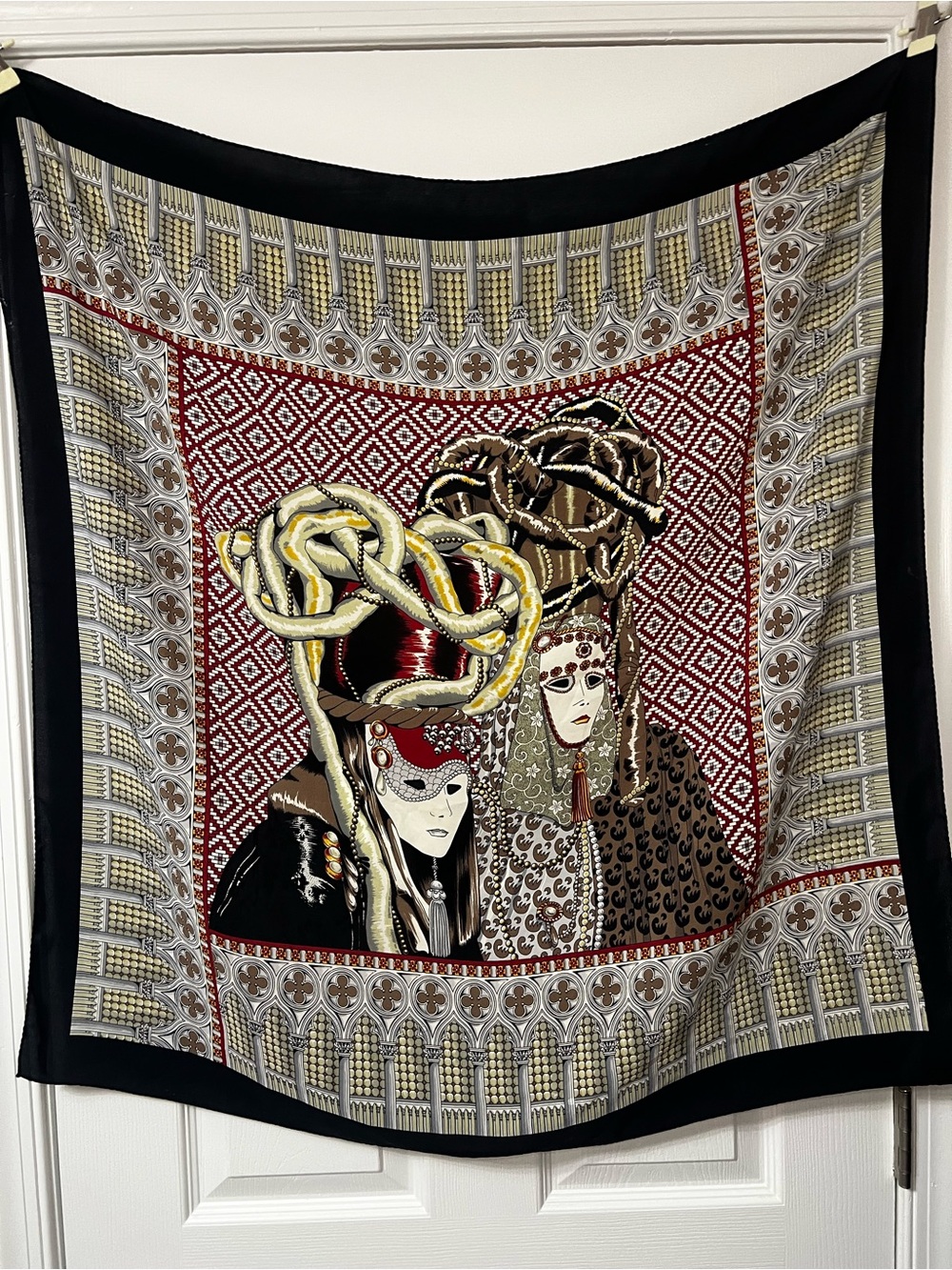 Vintage Italian Silk Scarf Venetian Carnival Masquerade Masks 33” Wearable Art